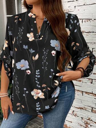 SHEIN CURVE+ Damen Große Größen Blume Muster Volant Ärmel Lässig Hemd, Urlaubsart