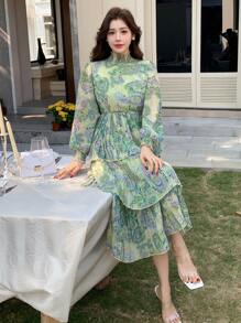 DAZY Floral Print Stand Collar Midi Dress For Ladies,Ruffle,Fall Dress Long Sleeve Dress Vacation Outfits Women Easter - Green - View 4