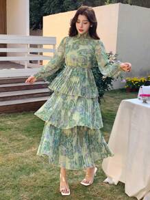 DAZY Floral Print Stand Collar Midi Dress For Ladies,Ruffle,Fall Dress Long Sleeve Dress Vacation Outfits Women Easter - Green - View 3
