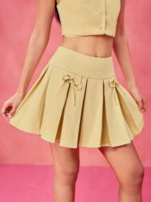 Thainara Oliveira 设计师浅黄色宽腰带蝴蝶结奶油黄色百褶迷你裙，节日 - 黃色 - 查看 3