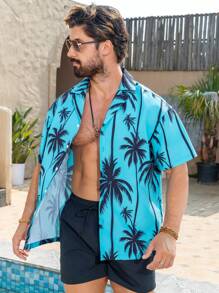 Manfinity Swimmode Men's Coconut Tree Printed Short Sleeve Shirt And Shorts Beach Suit Set Man Swim Trunks - Mint Green - View 6