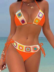 Swim Vcay New Summer Solid Color Strap Patchwork Design 2 Pieces Swimwear Set, Beach Vacation - Burnt Orange - View 1