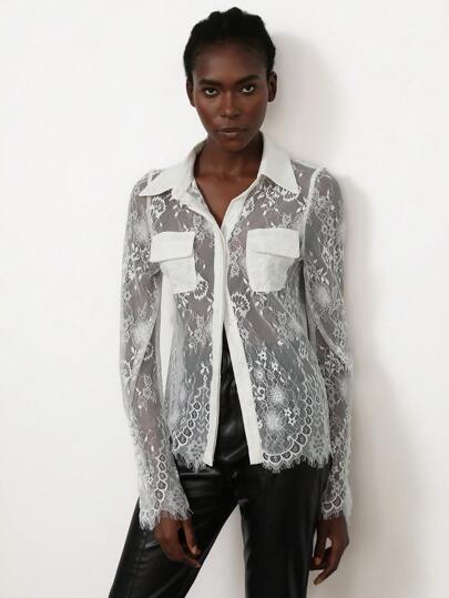 SHEIN Privé Blusa elegante de encaje transparente con bolsillo en el pecho y cuello, blusa de manga larga para mujer, primavera