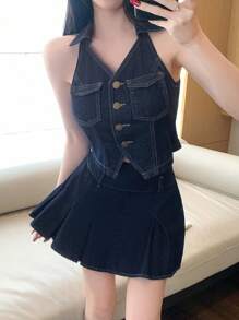 DAZY 水洗针迹点缀背心和褶皱迷你裙女士牛仔套装 - 深色水洗藍 - 查看 6