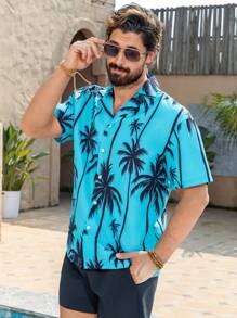 Manfinity Swimmode Men's Coconut Tree Printed Short Sleeve Shirt And Shorts Beach Suit Set Man Swim Trunks - Mint Green - View 5