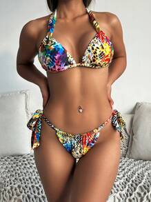 SHEIN Swim Springbreak 2pcs Women Sexy Leopard Print Random Floral Pattern Halter Tie Bikini Set - Multicolor - View 6