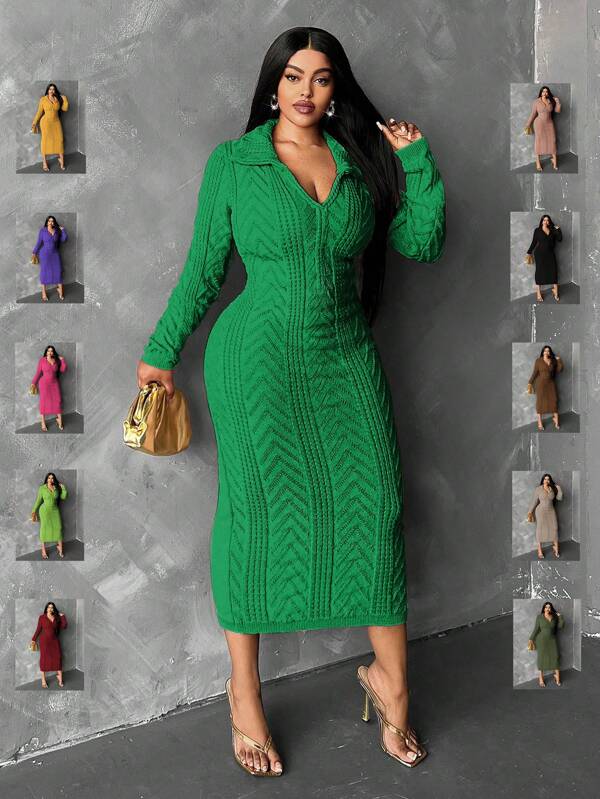 Maweii Vestido suéter de punto ajustado de unicolor de talla grande, casual para otoño/invierno