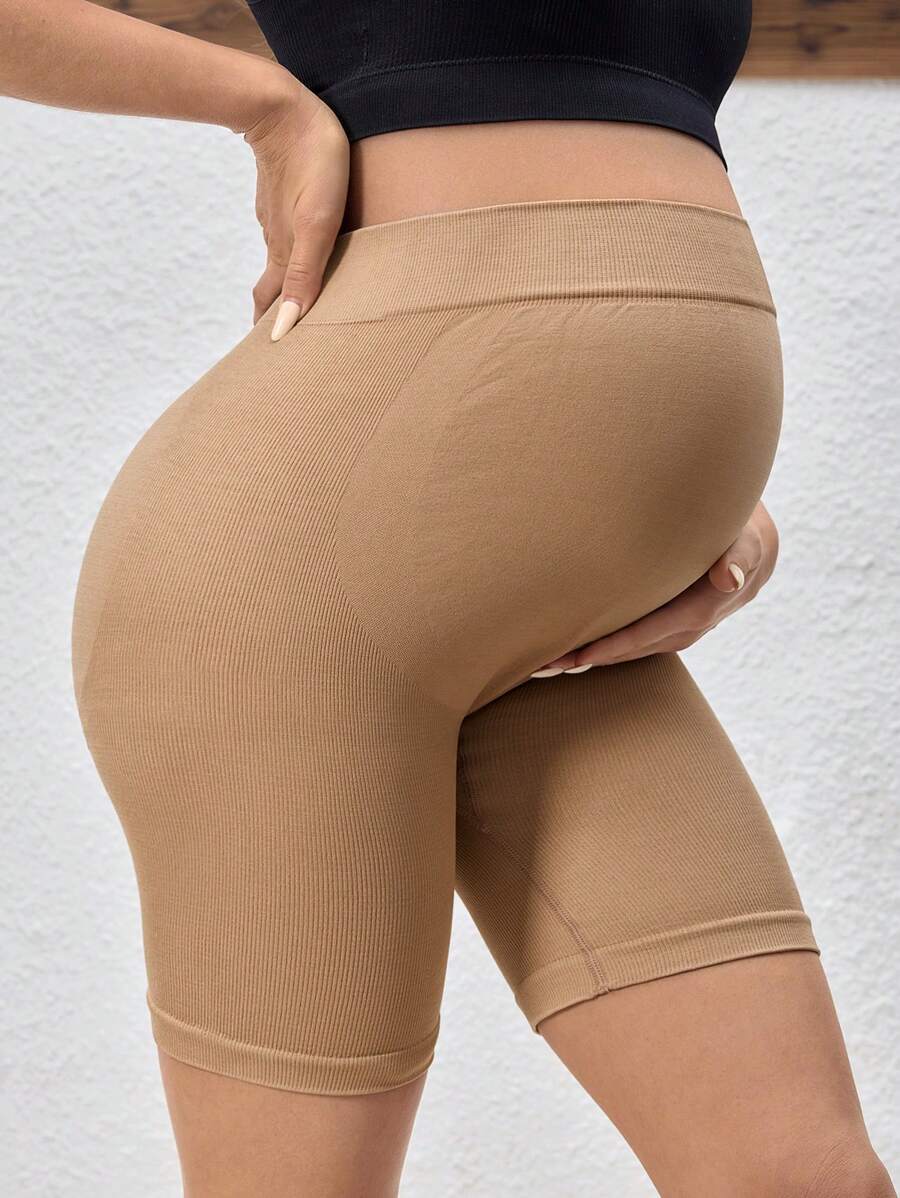 SHEIN Maternity Casual Shorts, Solid Color, Minimalist & Fashionable For Daily Wear - Khaki - View 1
