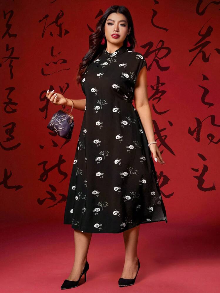 SHEIN Unity 大码女式中国新年中式旗袍连衣裙 - 紅色 - 查看 3