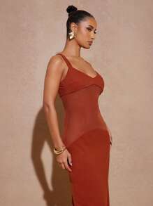 Hauture Elegant Black Sheer Mesh Long Dress With Fitted Bodice - Rust Brown - View 2