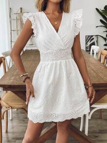 Breezaya Women Solid Color Hollow Embroidered Ruffle Waist Dress - White - View 5
