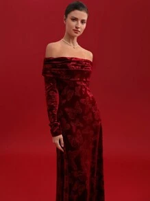 GENKIRA Vestido de fiesta con estilo romántico italiano para mujeres, vestido de terciopelo con manga larga con abertura en los hombros y diseño de jacquard con mariposa en la cintura - Multicolor - Ver 7