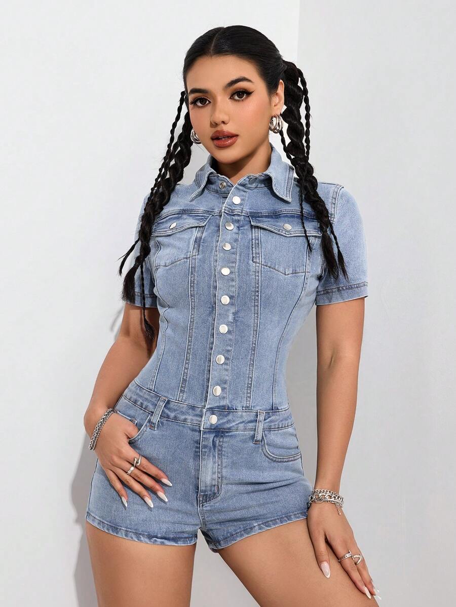 SHEIN EZwear 女士休闲破洞前扣修身牛仔连身裤 - 淺色水洗藍 - 查看 1