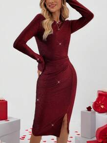 SHEIN LUNE Wedding Women Dresses Red Long Sleeve Dress Valentine's Day Elegant Women Long Sleeve Glitter Ruched Waist Bodycon Midi Dress, Suitable For Valentine's Day Party And Date, Spring