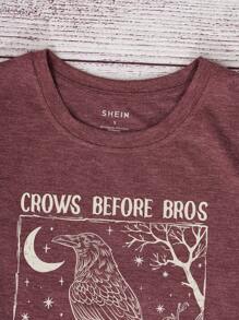 INAWLY Women Crow Moon Slogan Graphic Round Neck Short Sleeve T-Shirt
