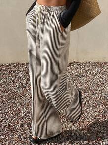DAZY Women Striped Drawstring Wide Leg Maxi Pants Vacation Outfits Women - Apricot - View 1