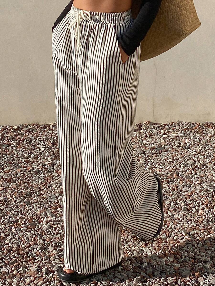 DAZY Women Striped Drawstring Wide Leg Maxi Pants Vacation Outfits Women - Apricot - View 1