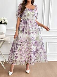 SHEIN Clasi 大码浅紫色浪漫优雅方领泡泡袖荷叶边下摆花裙，浅紫色连衣裙，女士夏季服装，女士节日服装，女士婚礼宾客礼服，婚礼宾客礼服，女士复活节礼服，生日礼服，夏季礼服，毕业礼服，女士花裙，飘逸礼服，春假礼服，毕业礼服，女士礼服，优雅礼服，女士优雅礼服，女士春季礼服，春季礼服，女士春季礼服，女士服装夏季礼服 - 淡紫色 - 查看 3