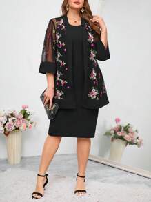 Reflora 2pcs/Set Plus Size Elegant Party Mesh Embroidered Coat And Bodycon Dress , Holiday Outfits - Multicolor - View 6