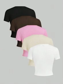 SHEIN EZwear 5 件装基本款纯色修身背心和 T 恤 - 彩色 - 查看 2