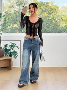 SHEIN EZwear Blusa de mujer con malla brillante y cordones delanteros
