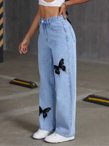 SHEIN EZwear جينز واسع سراويل مطبوع بفراشة سوداء مغسول - أزرق متوسط - مشاهدة 4