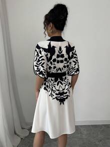 Calvaya V-Neck Short Sleeve Black And White Color Block Print Cinched Waist Waist Crop Spring/Summer Apricot Dress For Women
