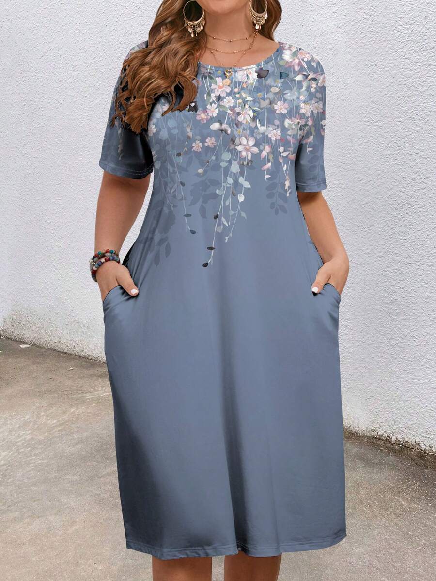 Mellowie Plus Size Casual Elegant Ombre Floral Print Maxi Dress, Suitable For Spring/Summer - Purple - View 1