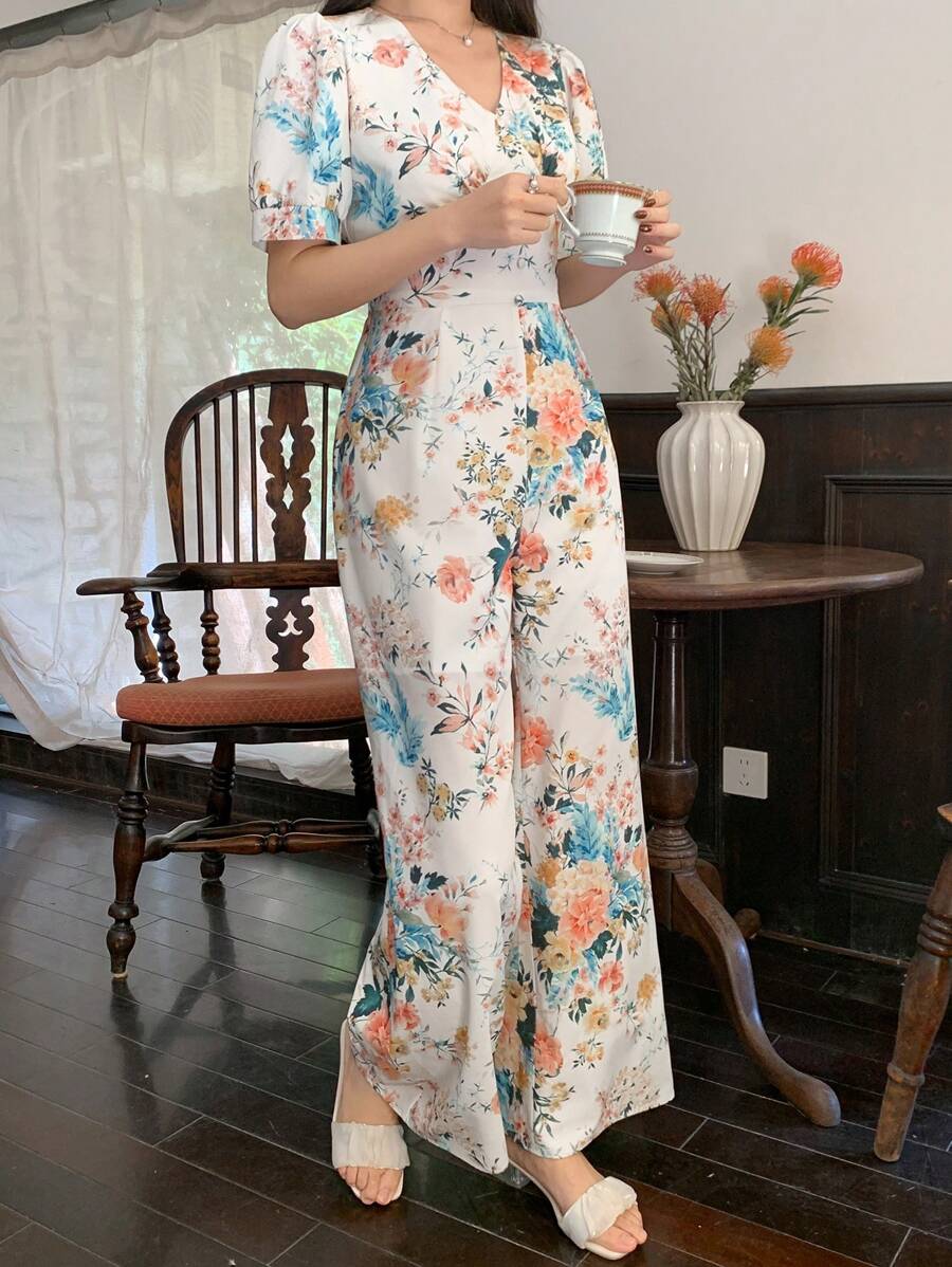 DAZY Floral Print V-Neck Puff Sleeve Women's Jumpsuit Vacation Outfits Women - Apricot - View 1