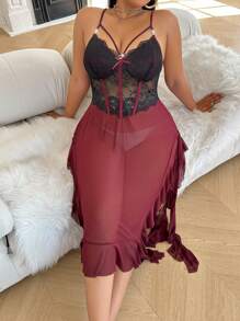 Plus Size Two-Tone Lace Ruffle Patchwork Side High Slit Nightgown