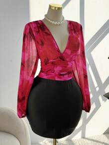 Sweetra Áo cánh tay đèn lồng in họa tiết nhuộm loang cỡ lớn cho nữ cổ chữ V xếp ly - Màu Hồng Tươi - Xem 4