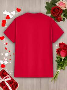 Manfinity Homme Fashionable Casual Valentine's Day Cartoon Couple Design Print Crew Neck Short Sleeve T-Shirt, Suitable For Boyfriend Gifts, Red, Regular Fit