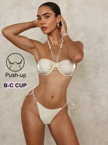 Summer Underwire Padded Detachable Faux Pearl Bra-Size Swimwear - Cream - View 5
