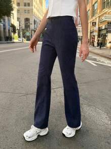 SHEIN EZwear Women's Casual Blue Corduroy Trousers - Blue - View 3