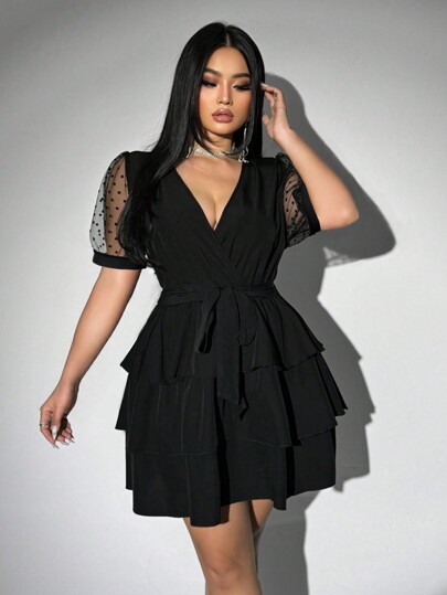 Viva Relle Plus Size Solid Color Tie Waist Casual Dress, Simple And Fashionable For Everyday