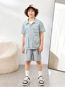 SHEIN 2pcs/Set Boys Casual Loose Fit Shirt With 3D Pockets And Shorts Set - Grey - View 6