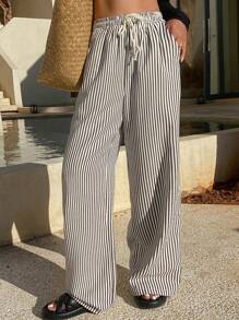 DAZY Women Striped Drawstring Wide Leg Maxi Pants Vacation Outfits Women - Apricot - View 6