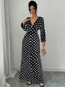 RosyDaze Shirred Asymmetrical Black & White Print Women's Jumpsuit, Cinched Waist Wide Leg Loose Casual Commuter Jumpsuit For Ladies - Black and White - View 4