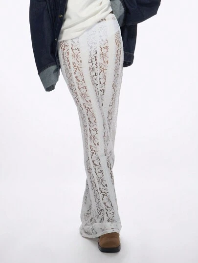Music Festival Sheer Lace Mermaid Hem Maxi Skirt With Train