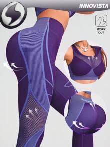 Innovista Woman Activewear Seamless Performance 2 Pieces Sport Set,  High Elastic Push Up & Support Bra & Legging,Breathable Mesh & Dry Fit Gym Top And Bottom, High Waist Tummy Control&Compress Workout Tank Top&Pants  Dynamic Print Shape Wear - Purple - View 7