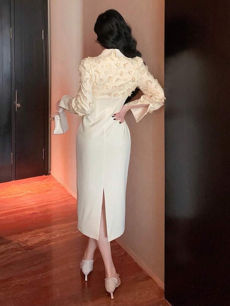Elegant Textured Patchwork Lapel Mid-Calf Dress For Women, Suitable For Spring Occasions, Dates, Night Out Prom Dress,Fall Dress Long Sleeve Dress Maxi Dress
