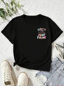 SHEIN Camiseta de manga corta veraniega para niña casual y linda con estampado floral y texto de lema colorido