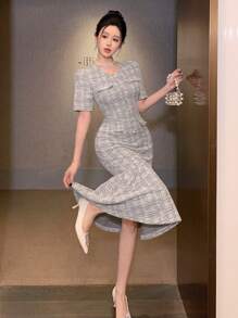 DAZY 格子圆领鱼尾中长连衣裙 舞会礼服 优雅、荷叶边、返校服 - 黑色 - 查看 6