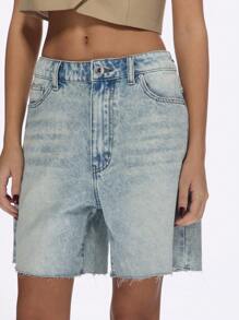 MISSGUIDED Bermudas holgadas de mezclilla con talle alto, dobladillo crudo, estilo vintage, para uso casual de verano, desgastadas, lavado claro