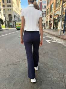 SHEIN EZwear Women's Casual Blue Corduroy Trousers - Blue - View 2