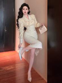 DAZY Cream Autumn Elegent Party Elegant Textured Patchwork Lapel Mid-Calf Dress For Women,Suitable For Spring,Dates,Night Out Prom Long Sleeve Maxi Dress - White - View 4
