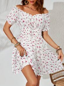 SHEIN VCAY High Waist Off Shoulder Ruffle Hem Summer Beach Dress For Women - White - View 4