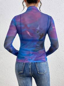 Chiquease Women's Fashion Tie-Dye Print Mesh Sheer Top Fall Cloth For Women - Violet Purple - View 2