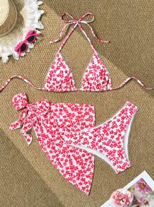 Swim Mod Springbreak New 3 Pcs Sexy Swimwear Set, Ditsy Floral Deep V Rib Gathered High Waist Bikini For Summer Beach Vacation - Red - View 3