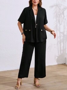 SHEIN LUNE Conjunto informal y cómodo de 2 piezas con decoración de botones para tallas grandes - Negro - Ver 4